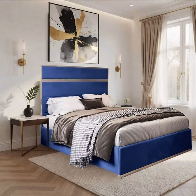 Casani Fleetwood Upholstered Velvet Designer Bed Frame in Blue, W/D/H: 120 x 200 x 137 cm