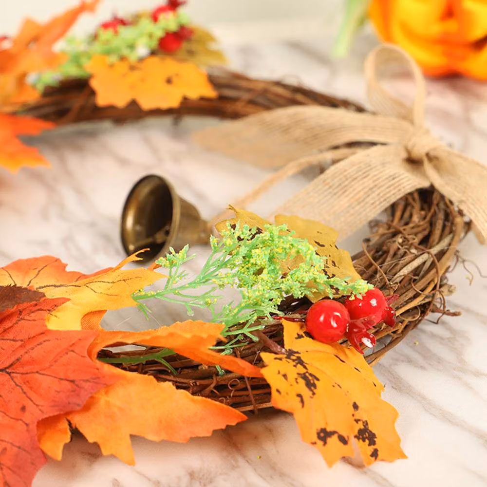 Garden Sanctuary Orange Artificial Pumpkin and Maple Leaves Wreath with Bell – 7