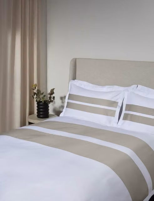 M&S x Kelly Hoppen Sateen Stripe Cotton Bedding Set in Beige and White, W: 180 cm, D: 200 cm