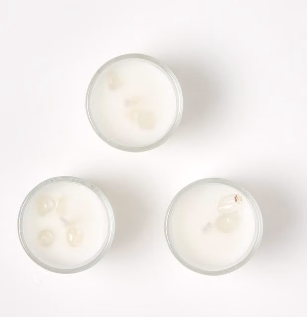 Homescapes Clear Quartz Fresh Linen Crystal Scented Votive Candle Set, Pack of 3, Grey and White
