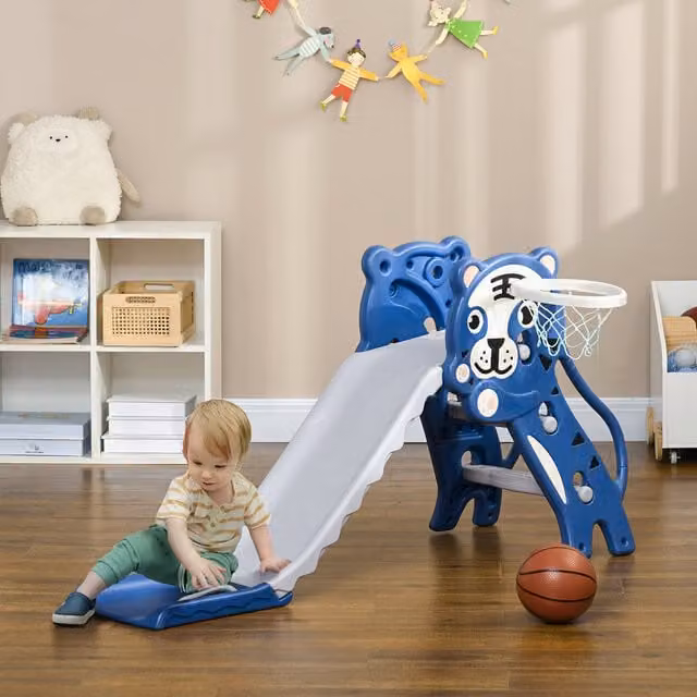 AIYAPLAY 2 in 1 Kids Slide and Basketball Hoop Set, Blue