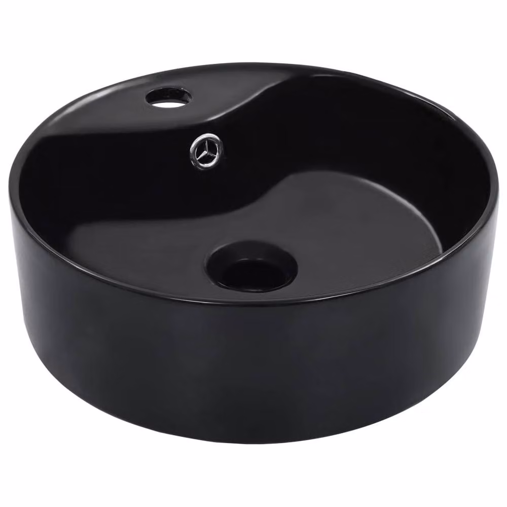 Berkfield Home Round Ceramic Countertop Wash Basin with Overflow, Black, W: 36 cm, D: 36 cm, H: 13 cm – 2