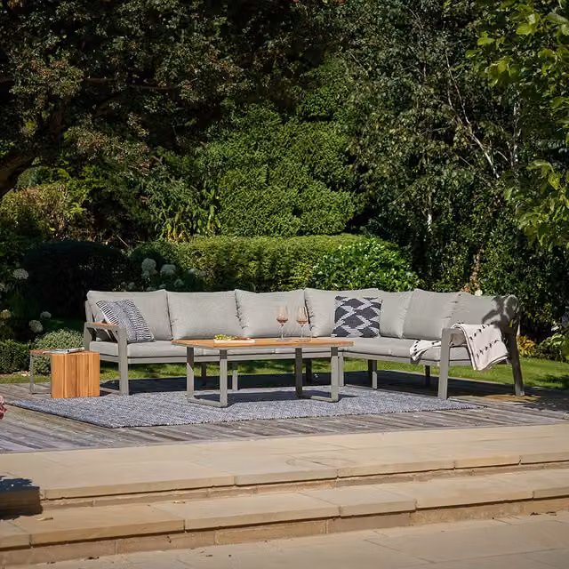 Pacific Lifestyle 6 Seater Outdoor Corner Sofa Set with Coffee Table and Side Table in Soft Grey and Teak