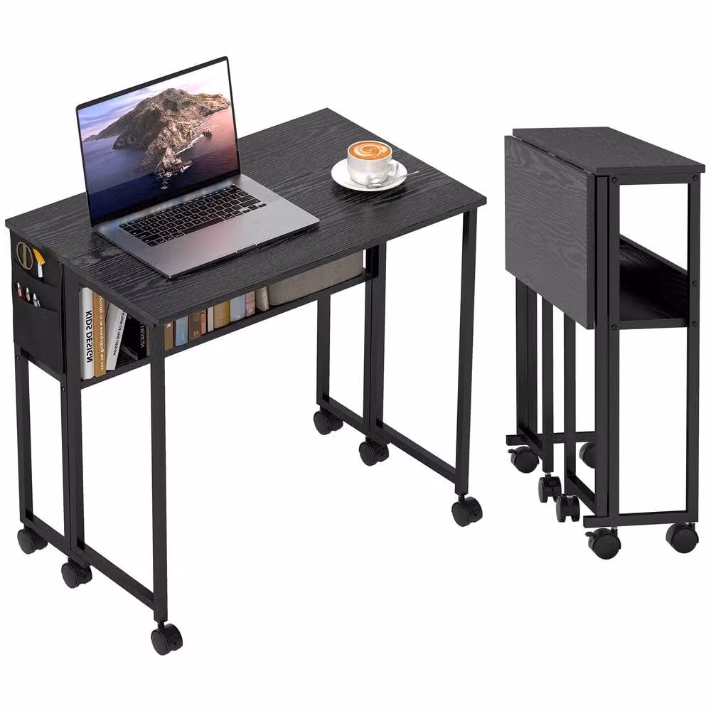HOMCOM Black Foldable Drop Leaf Computer Desk with Castors – 2