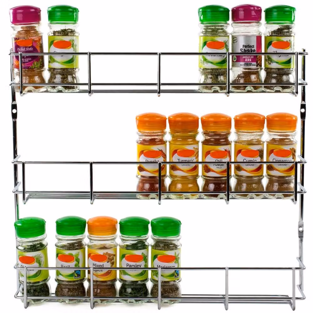 SPETLEK 3 Tier Wall Mounted Metal Spice Rack and Herb Storage for Kitchen in Metallic Silver – 3