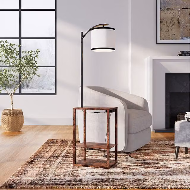 Livingandhome 2-in-1 Modern Metal Floor Lamp with Side Table in Brown and Black
