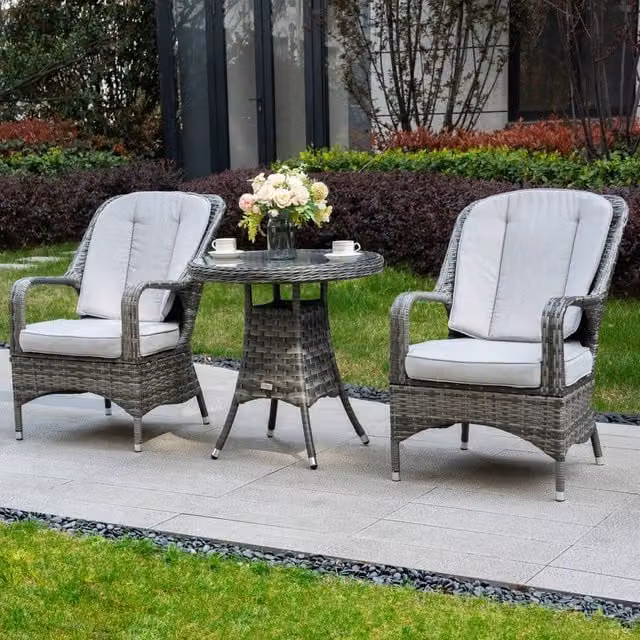 Direct Wicker Grey Rattan Bistro Set with Round Glass Top Table and 2 Armchairs for Garden, Balcony or Terrace – 1