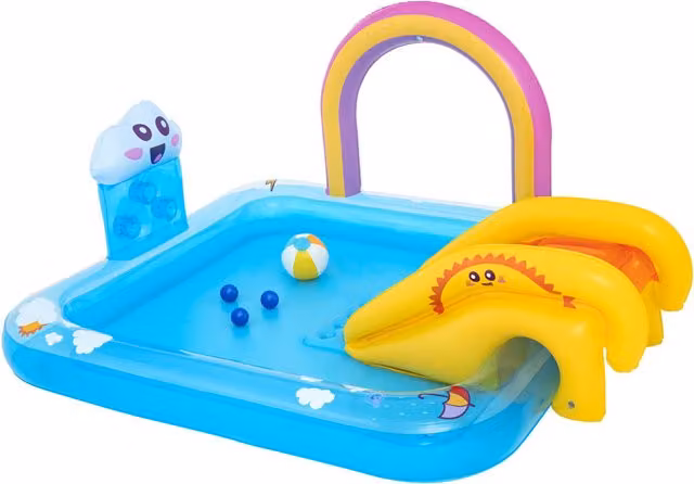 Bestway Rainbows 'n' Rays Inflatable Rectangular Play Center with Slide and Spray for Children, Blue and Multicolour