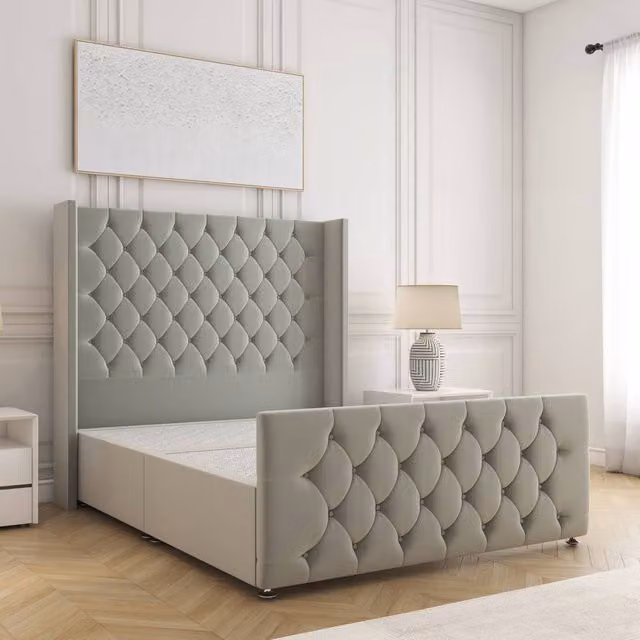 BSSPOKE Florida Divan Bed in Silver Plush Velvet with 54 inch Headboard, King Size, W/D/H: 180 x 137.16 x 30.48 cm