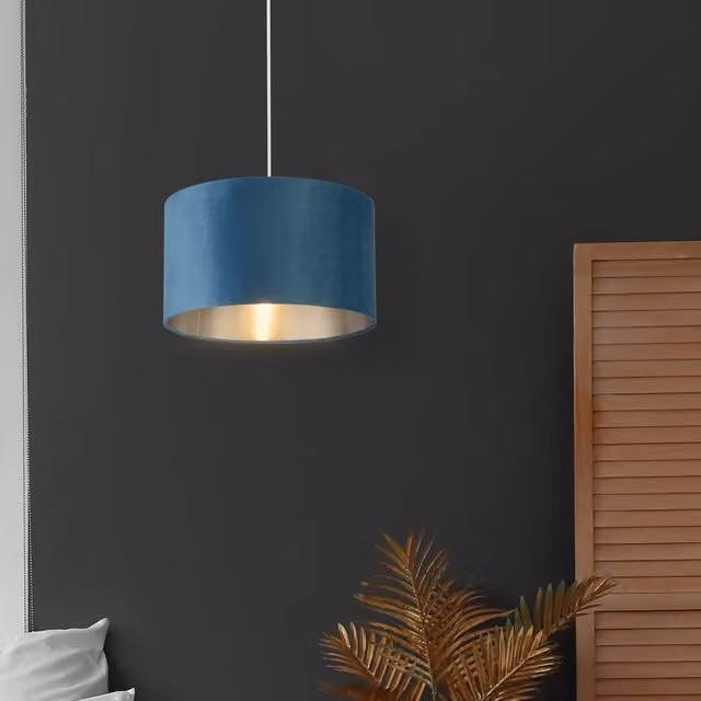 Lighting Collection Teal Velvet Drum Lamp Shade with Silver Inner, Diameter: 35 cm