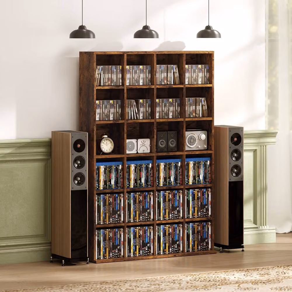 STILVORA CD Storage Unit with Adjustable Shelves and Media Compartments in Brown – 8