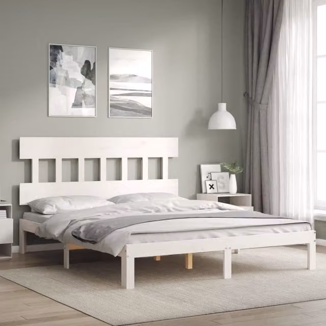 Berkfield Home Solid Wood Bed Frame with Headboard in White, 160 x 200 cm – 1