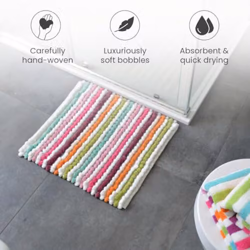 Allure Bath Fashions Luxury Striped Bobble Shower Mat, Multicoloured Pink Hand-Woven Microfibre Square Bath Mat, W/D: 50 x 50 cm – 3
