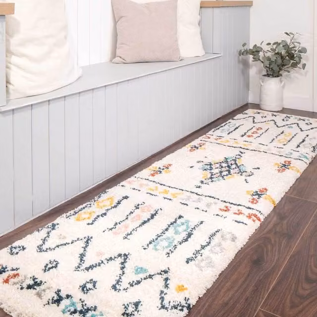 The Rug House Boho Aztec Moroccan Shaggy Living Area Rug, Multicolour and Beige, W: 240 cm, D: 60 cm