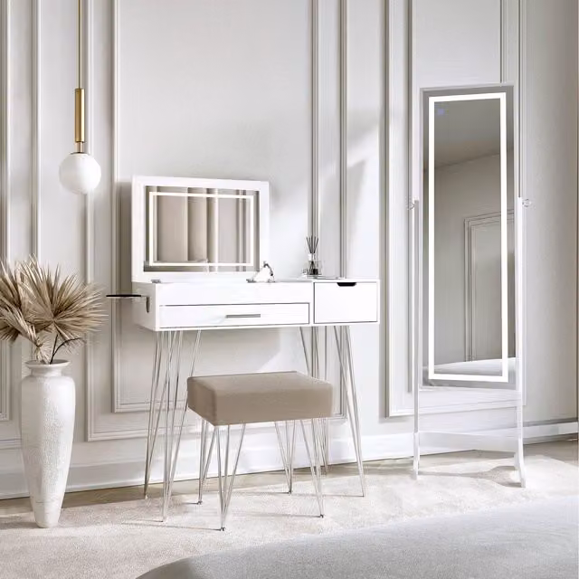 Carme Modern LED Dressing Table and Jewellery Cabinet in White and Silver