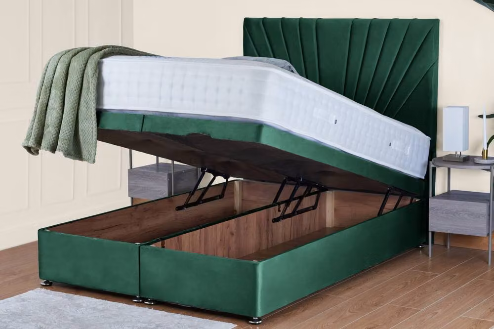 UK Bed Furniture Sunrise End Lift Divan Ottoman Bed with 54 Inch Headboard in Green Velvet Fabric, W/D: 140 x 200 cm – 2
