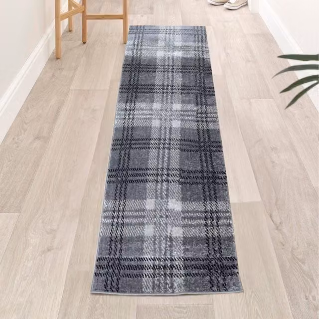 Home Republic Classic Tartan Check Non Slip Runner Rug in Grey, Length: 150 cm