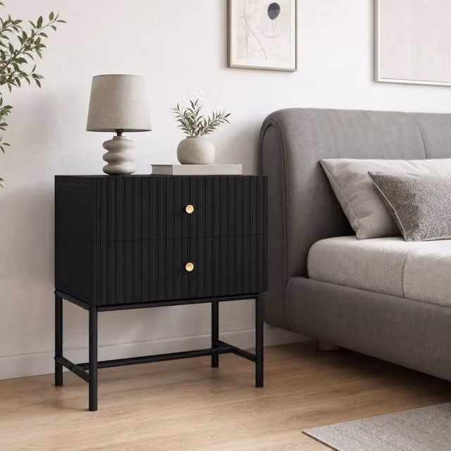 STILVORA Modern Bedside Table with 2 Drawers and Metal Legs in Black and Gold – 1