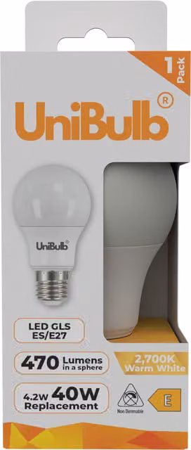 UniBulb LED GLS E27 Warm White Bulb 470lm 2700K