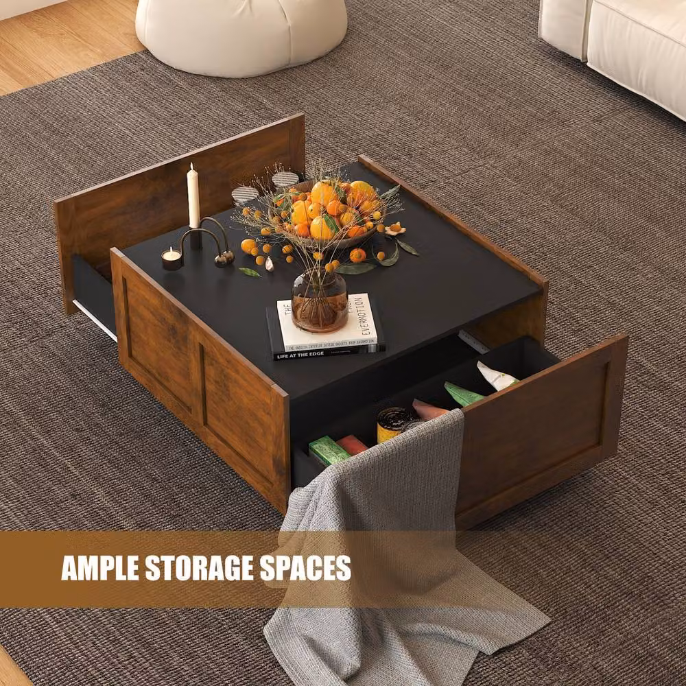 KEEPREAPER Mid-Century Brown Square Farmhouse Coffee Table with 2 Storage Drawers – 4