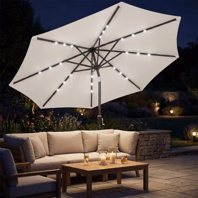 Outsunny 2.6 m Garden Parasol Umbrella with Solar Light in Cream