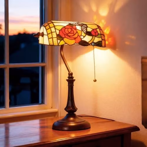 HOMCOM Tiffany-Style Stained Glass Table Lamp with Bronze Base and Multicolour Design