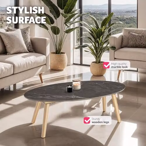 tectake Oval Coffee Table with Marble Stone Top and Height-Adjustable Wooden Legs in Grey, W/D/H: 100 x 50 x 34.5 cm – 5
