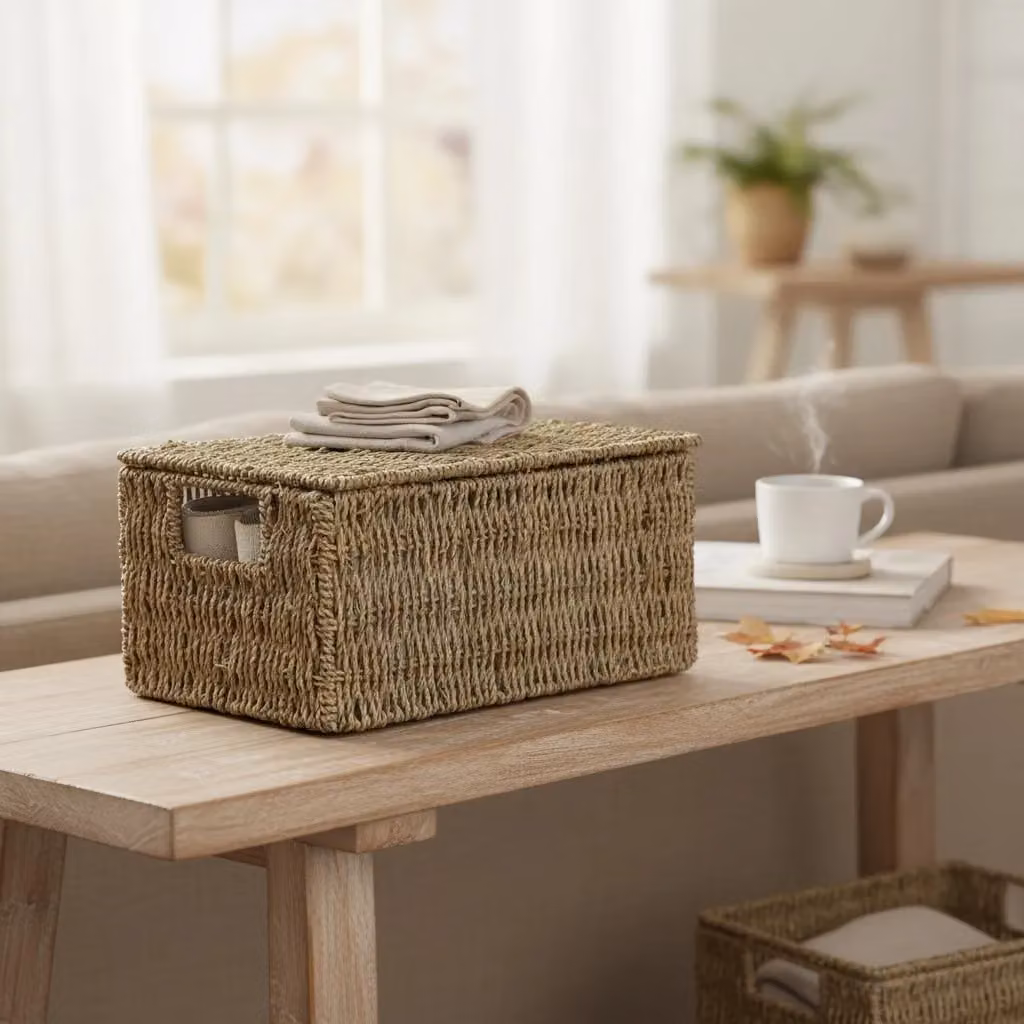 Red Hamper Medium Seagrass Storage Basket in Brown with Handles – 1