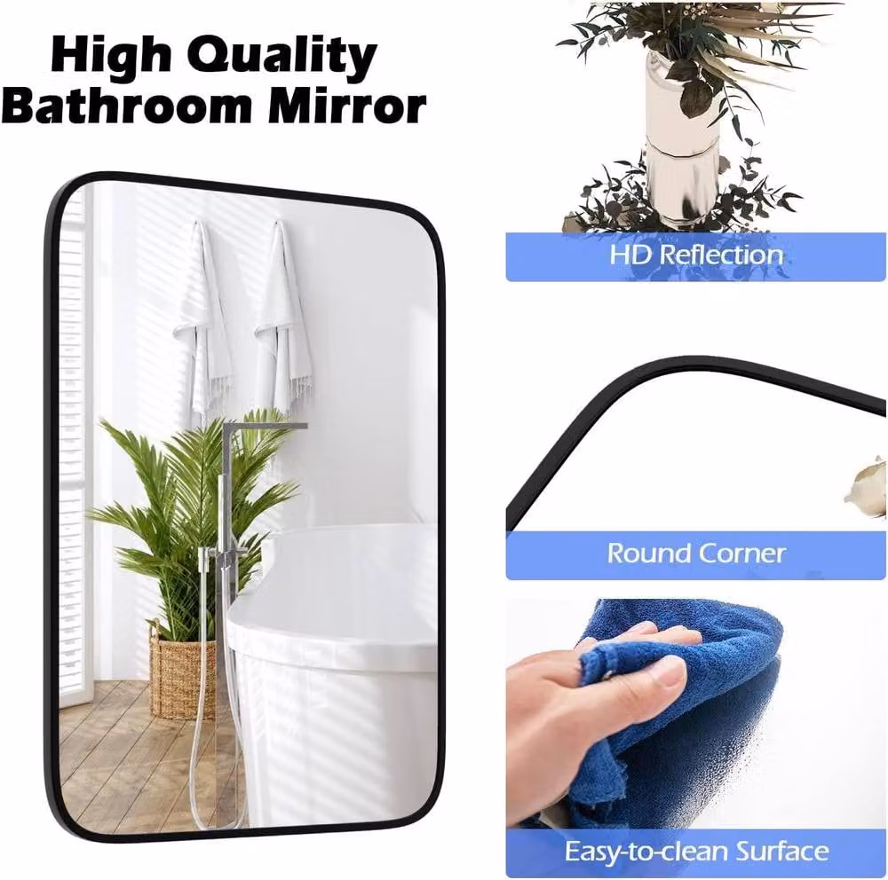 Gymax Modern Rectangular Black Metal Wall Mirror for Bathroom or Living Room, W: 70 cm, H: 50 cm – 4