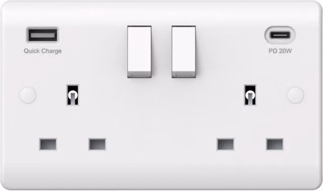 Securlec 2 Gang Double Switched USB Wall Plug Socket, White