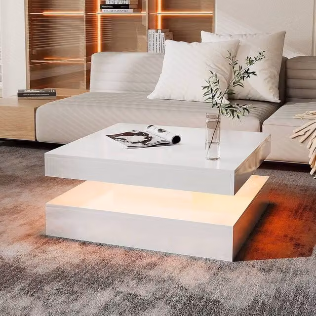 PAWNORA Modern High Gloss Square LED Coffee Table in White, W: 100 cm, D: 60 cm, H: 60 cm – 1