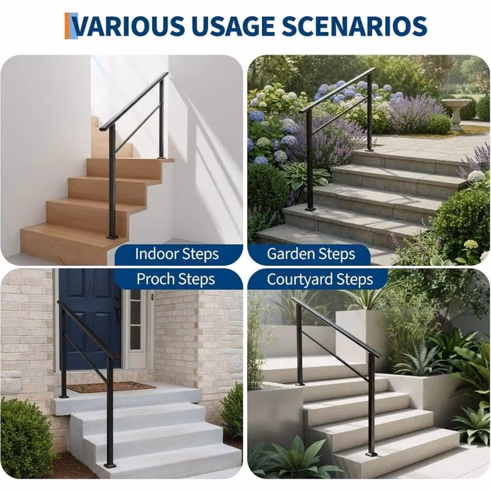 VOGREX Black Non-Slip Outdoor Stair Handrail Kit with 4 Steps, Aluminium and Iron Construction – 4