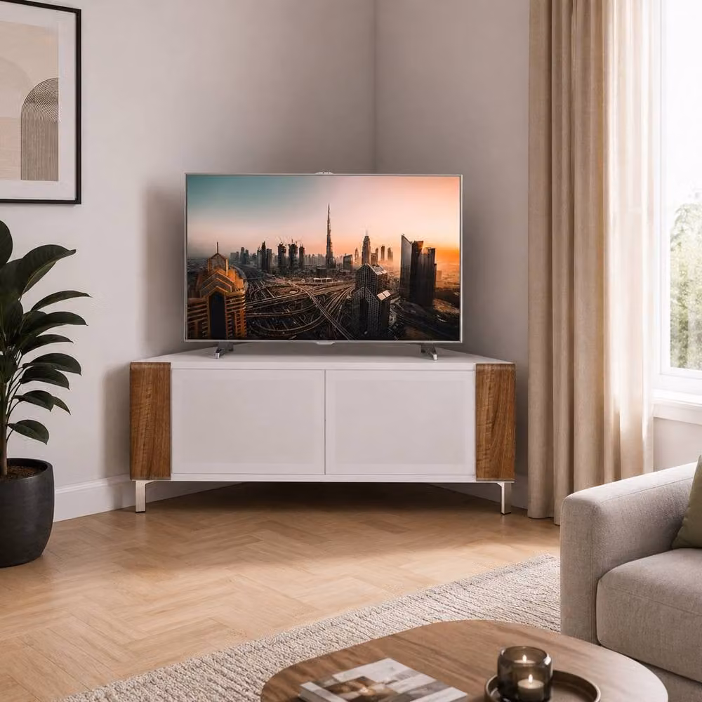 MDA Designs CORVUS Modern Corner TV Stand in White and Walnut for Flat Screen TVs up to 50 inches, W: 120 cm, D: 45 cm, H: 48 cm – 3