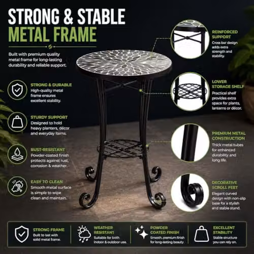 SHATCHI Multicolour Mosaic Round Side Table and Plant Stand with Ceramic Tile Top and Metal Shelf, Diameter: 35 cm – 7