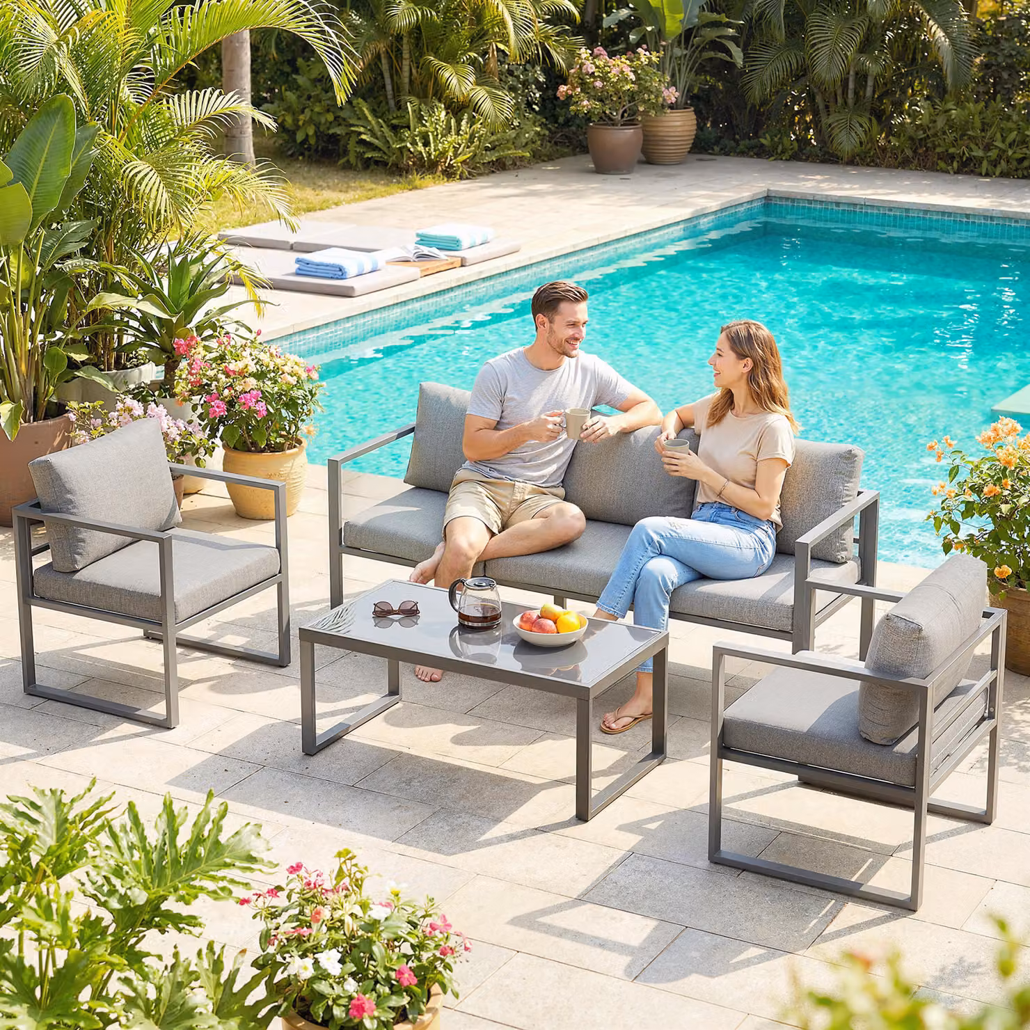 Outsunny 4 Piece Grey Outdoor Garden Furniture Set with 3-Seater Sofa, Armchairs and Glass Coffee Table – 7