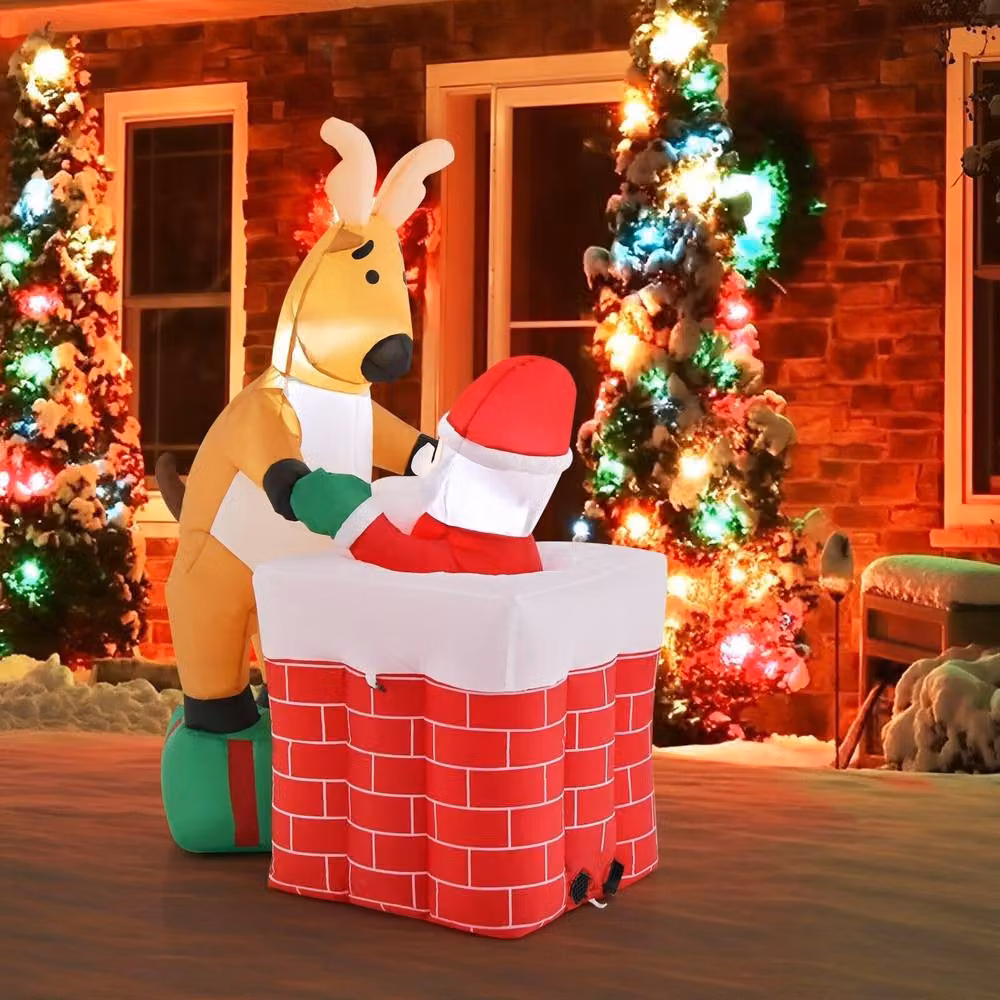 Gymax Inflatable Santa Claus Climbing Chimney with Reindeer Christmas Decoration in Red and Multicolour – 3