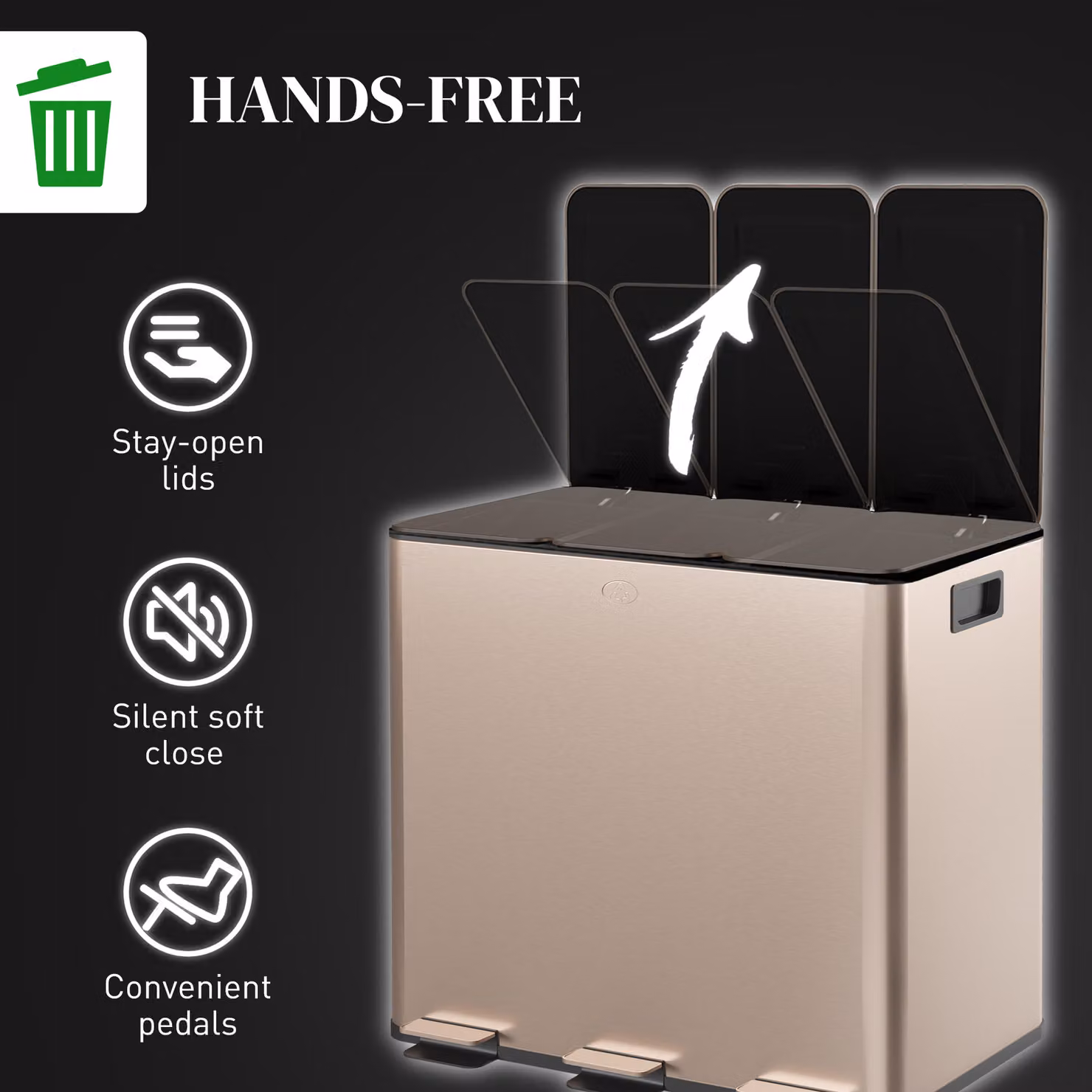 HOMCOM Gold Tone Triple Steel Pedal Bin with Soft Close Lids and Removable Inner Buckets, 3 x 15L – 4