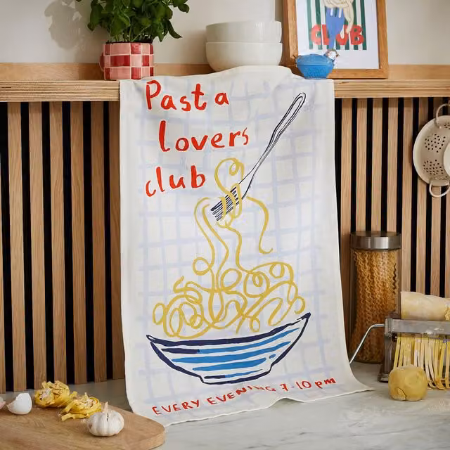 Ulster Weavers Pasta Lovers Club Cotton Tea Towel in Yellow and White with Hanging Loop
