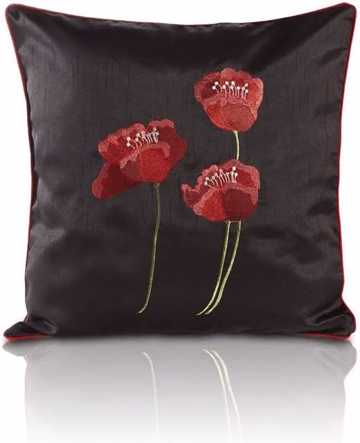 Terrys Floral Poppies Silk Filled Square Cushion, Black and Red, W/D/H: 45 x 45 x 45 cm