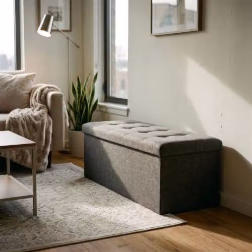 Harbour Housewares Foldable Grey Linen Storage Ottoman Bench, W/D/H: 111 x 37 x 39 cm – 6