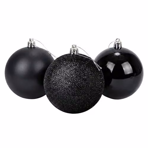 SHATCHI Set of 3 Black Shatterproof PVC Christmas Baubles, 20 cm Round Hanging Ornaments with Glossy, Matt and Glitter Finishes
