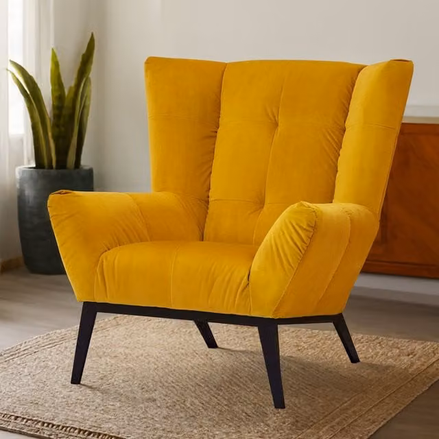 Orsina Yellow Velvet Fabric Armchair with Metal Frame and Armrests
