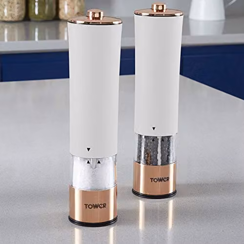 Tower T847003RW Electric Salt and Pepper Mills, Stainless Steel, White, W/D/H: 5.6 x 5.6 x 22.5 cm – 2