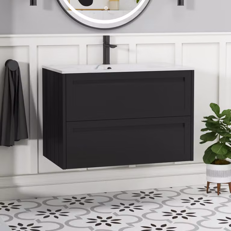 Royal Bathrooms Elmore 800mm Traditional Wall Hung 2 Drawer Vanity Unit with Carrara White Basin, Matt Nocturne Black