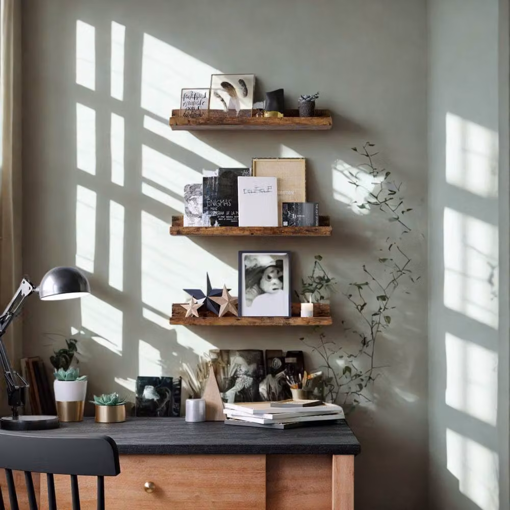 Pirlo Plush Set of 3 Industrial Rustic Brown Wall Mounted Shelves – 2