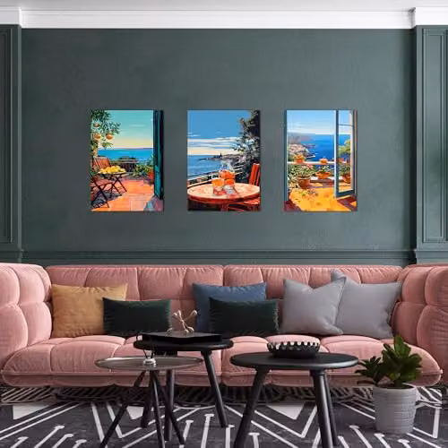 Simpa 3 Panel Canvas Wall Art Terrace Ocean Views Multicolour Landscape Nature Decor W/H: 60 x 40 cm – 2