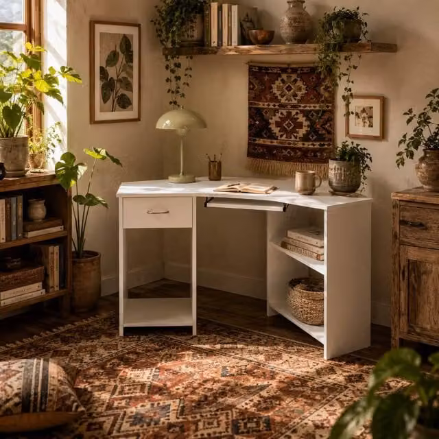 Wyld Haus Bavise White L Shaped Corner Desk with Keyboard Tray and Storage, W: 120 cm