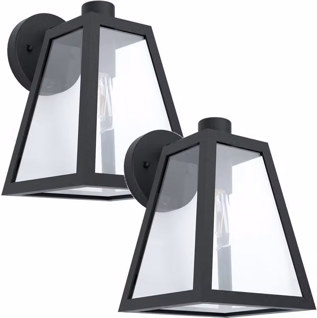 Loops 2 Pack Black Trapeze Outdoor Wall Lanterns, IP44 Aluminium Garden Porch Lights with Transparent Glass, E27 60W
