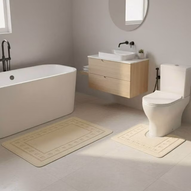 Snug City 2 Piece Box Design Bath Mat Set in Beige, W: 50 cm x L: 80 cm – 1
