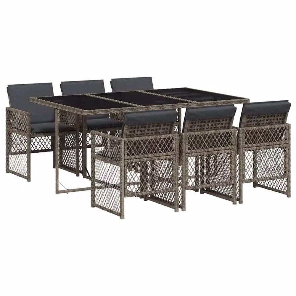 Berkfield Home 7 Piece Grey Poly Rattan Garden Dining Set with Glass Table and Cushions – 2